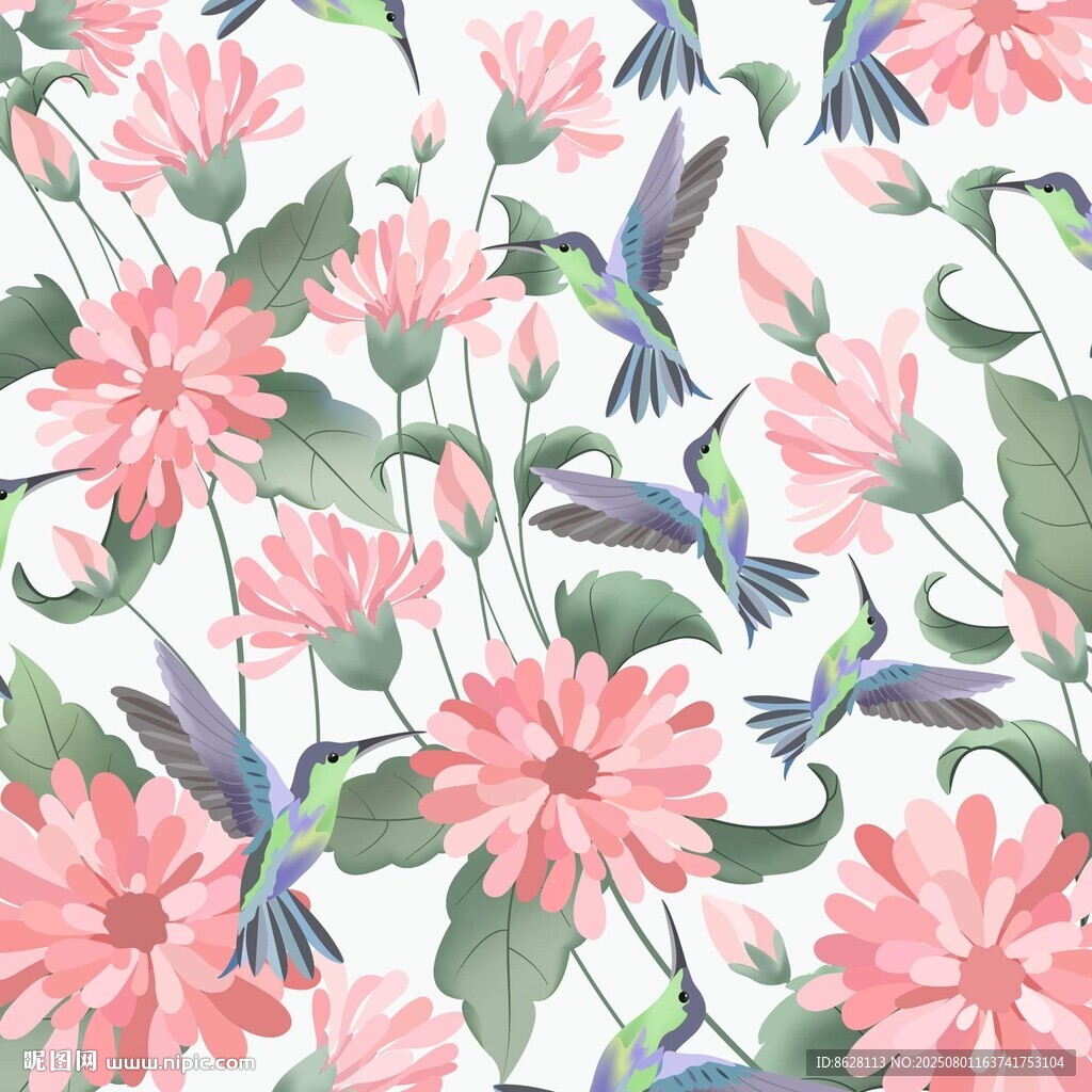 水彩花卉與蜂鳥(niǎo)圖案數(shù)碼印花