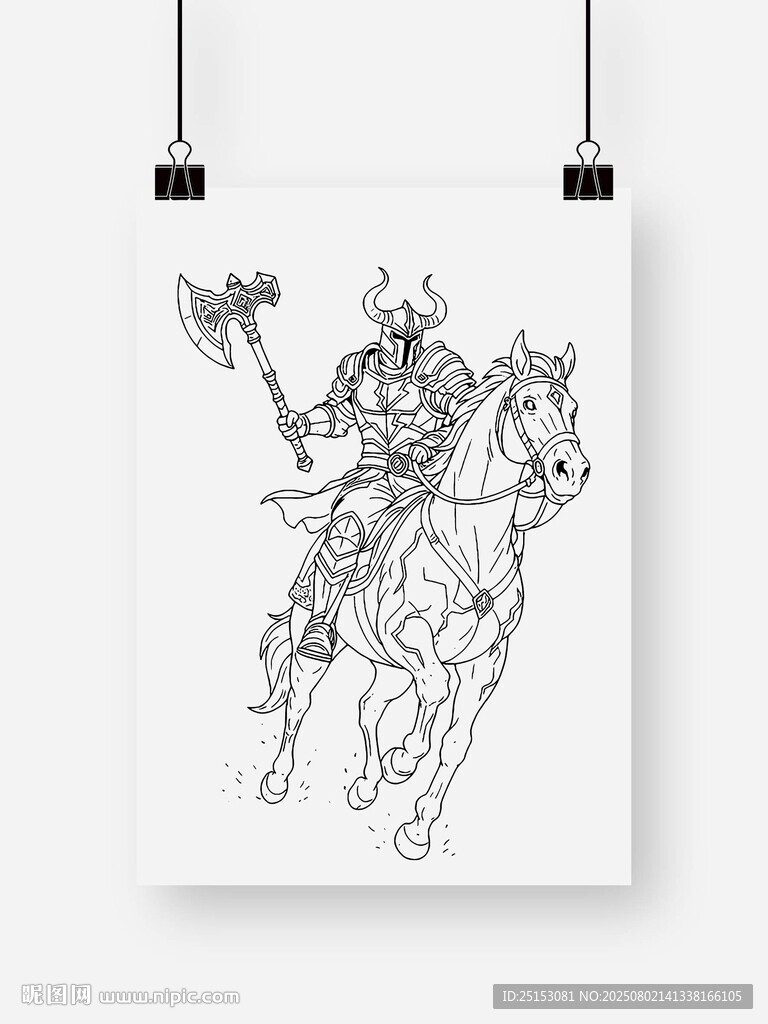 騎馬持械武士線稿圖