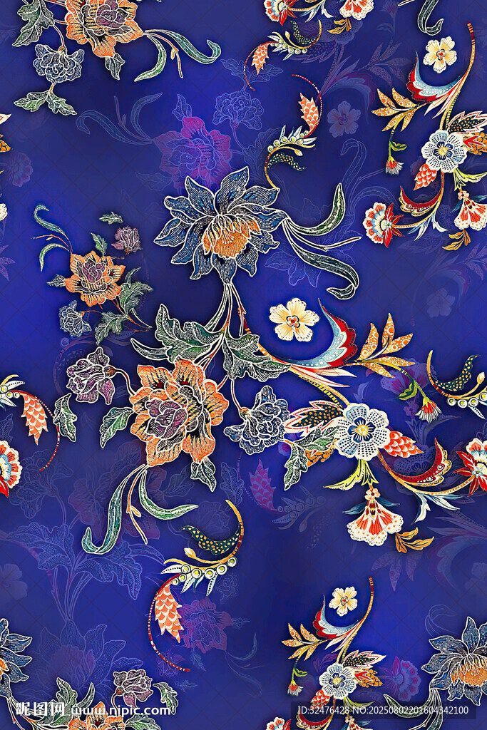 藍(lán)色底花卉飛鳥精美織物