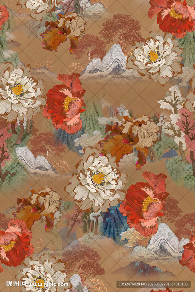 中式花卉山水復(fù)古圖案