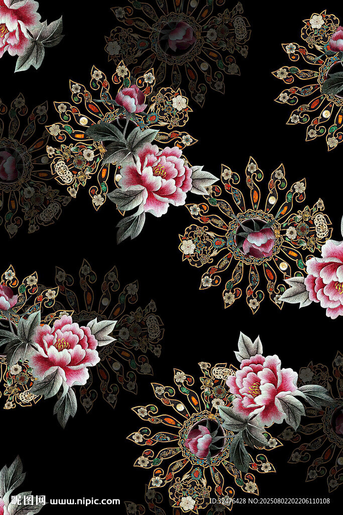 黑色底花卉刺繡圖案