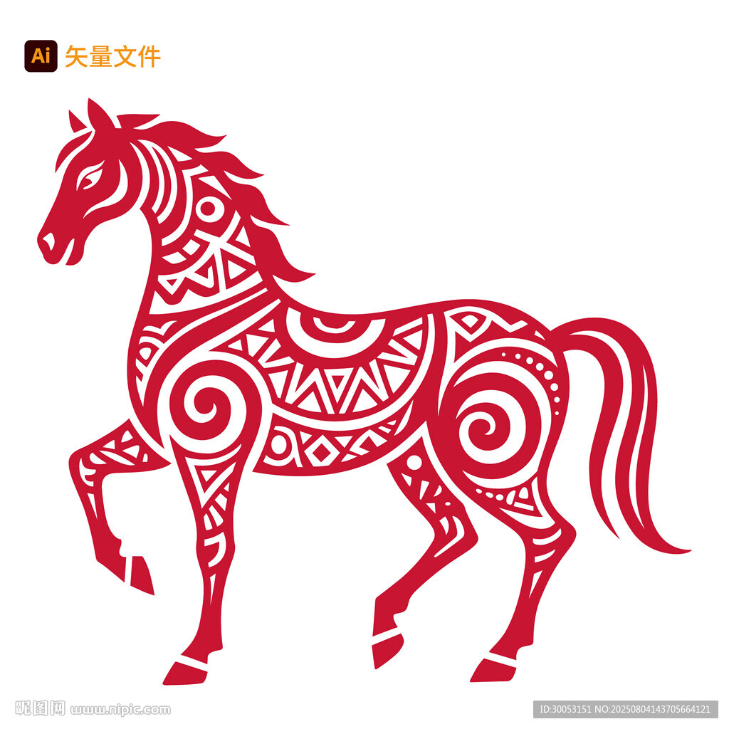 紅色剪紙風(fēng)奔騰駿馬圖案