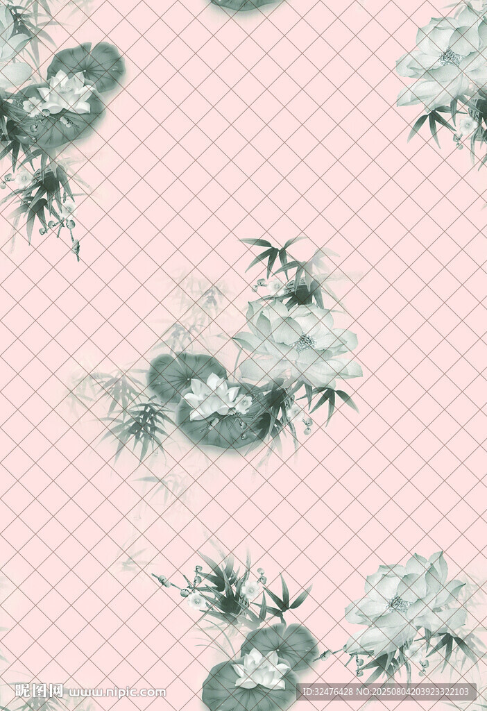 粉色底水墨風(fēng)植物圖案