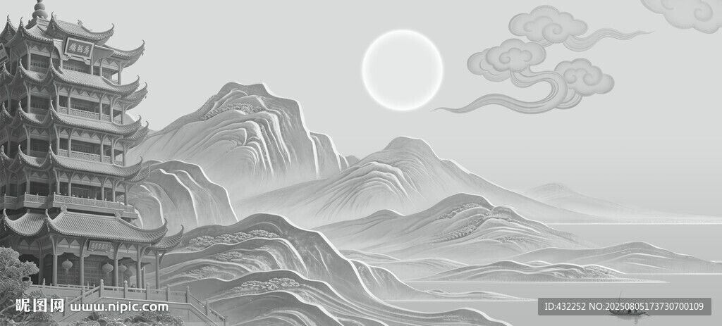 水墨山水古建筑風(fēng)景圖