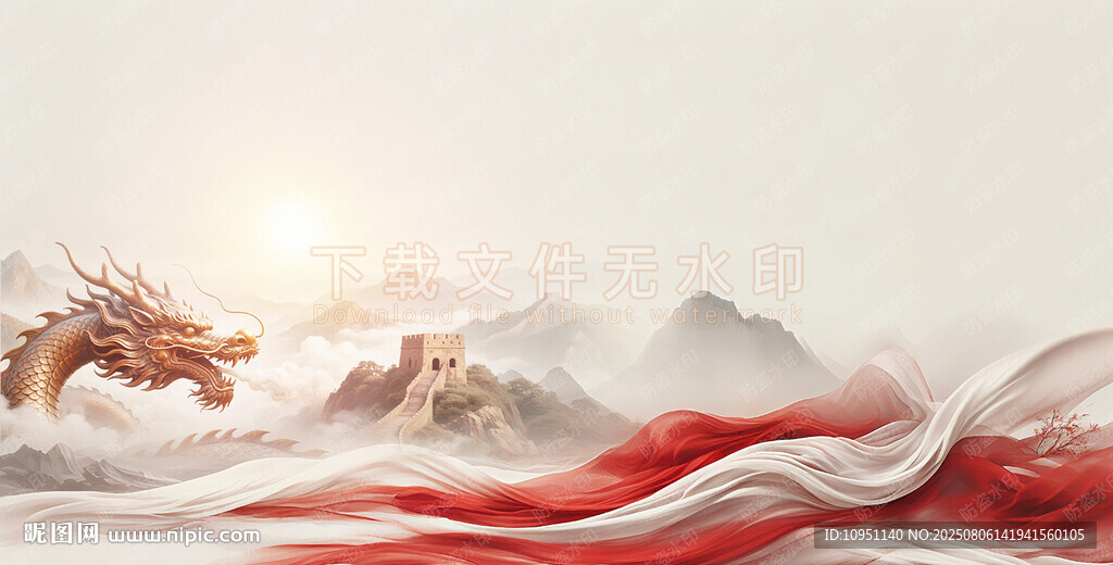 長城山水巨龍飄帶水墨