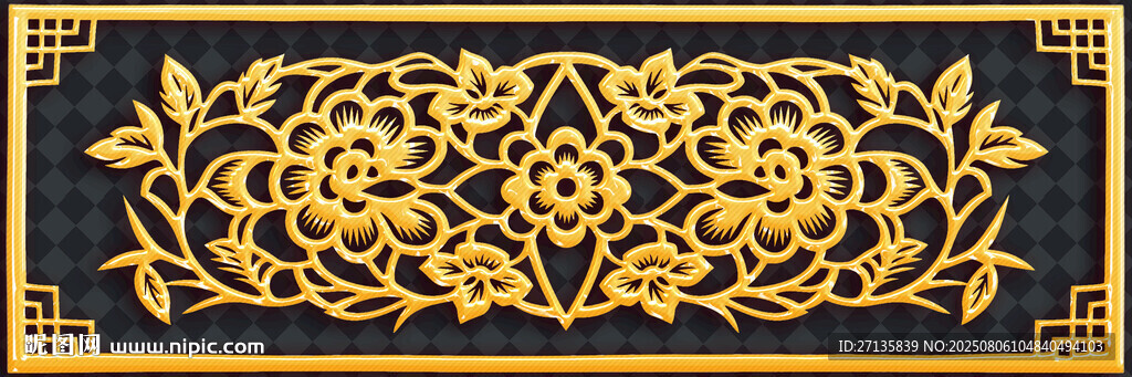 中式金色花卉刺繡圖案