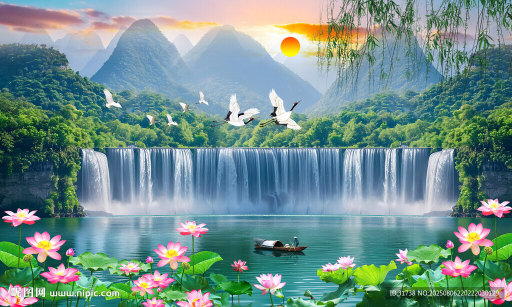 荷花山水風景畫