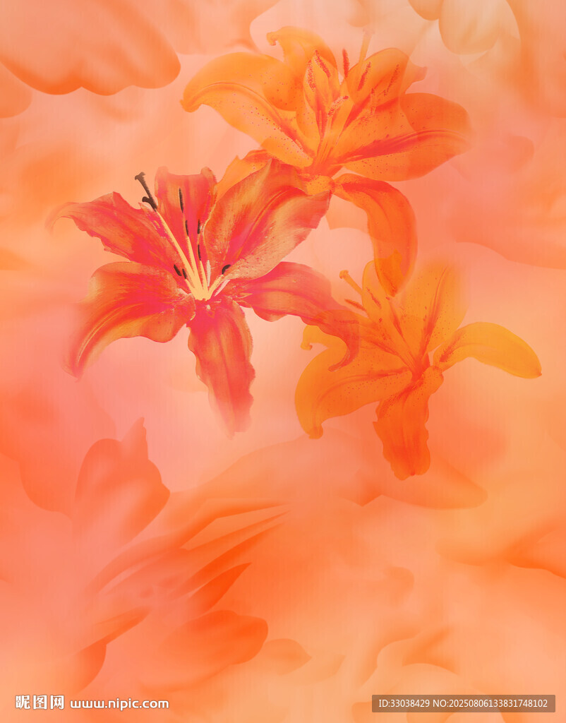 夢幻橙色花卉藝術插畫