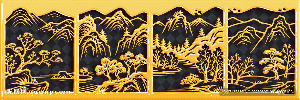 中式山水四聯(lián)裝飾畫(huà)