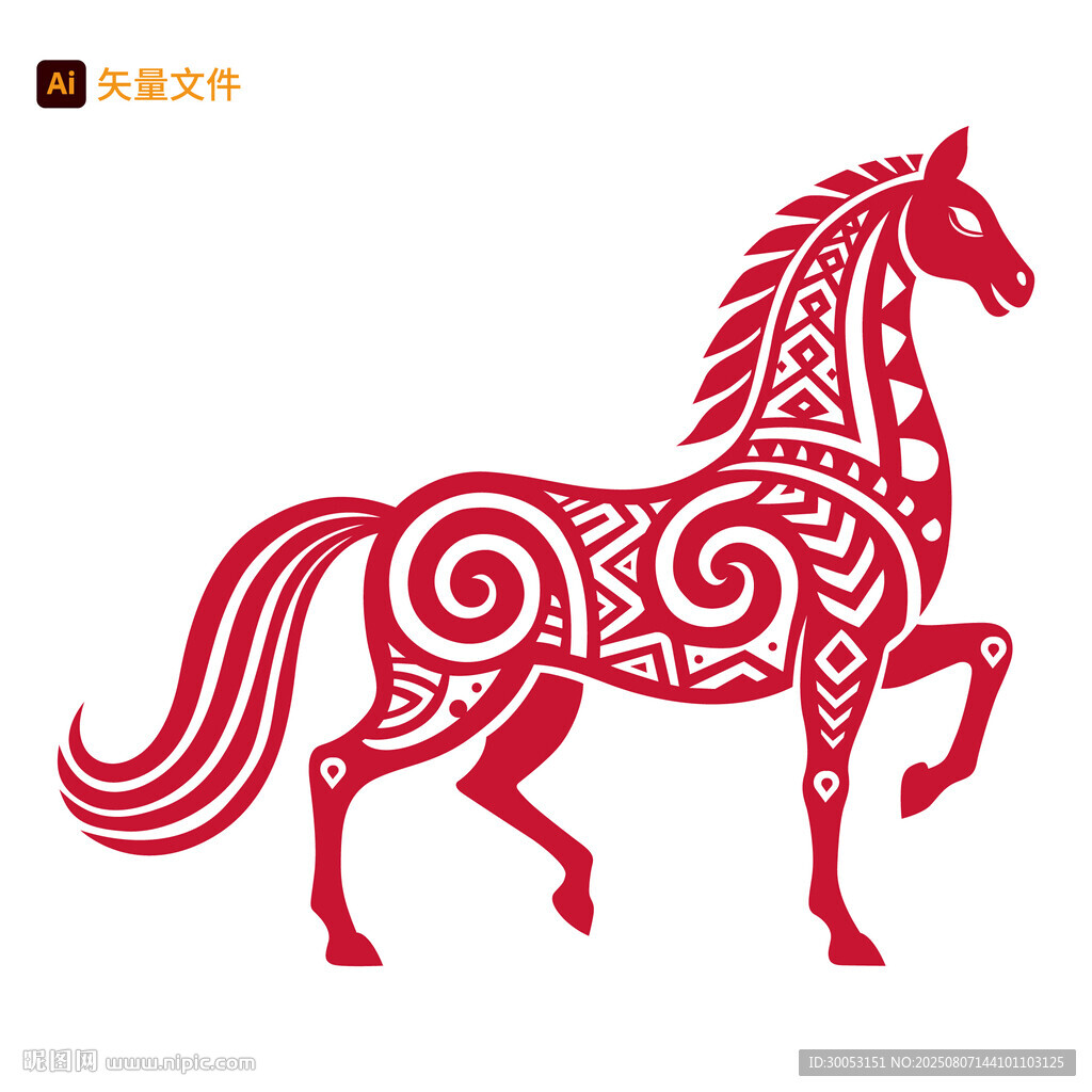 剪紙風(fēng)紅色駿馬圖案