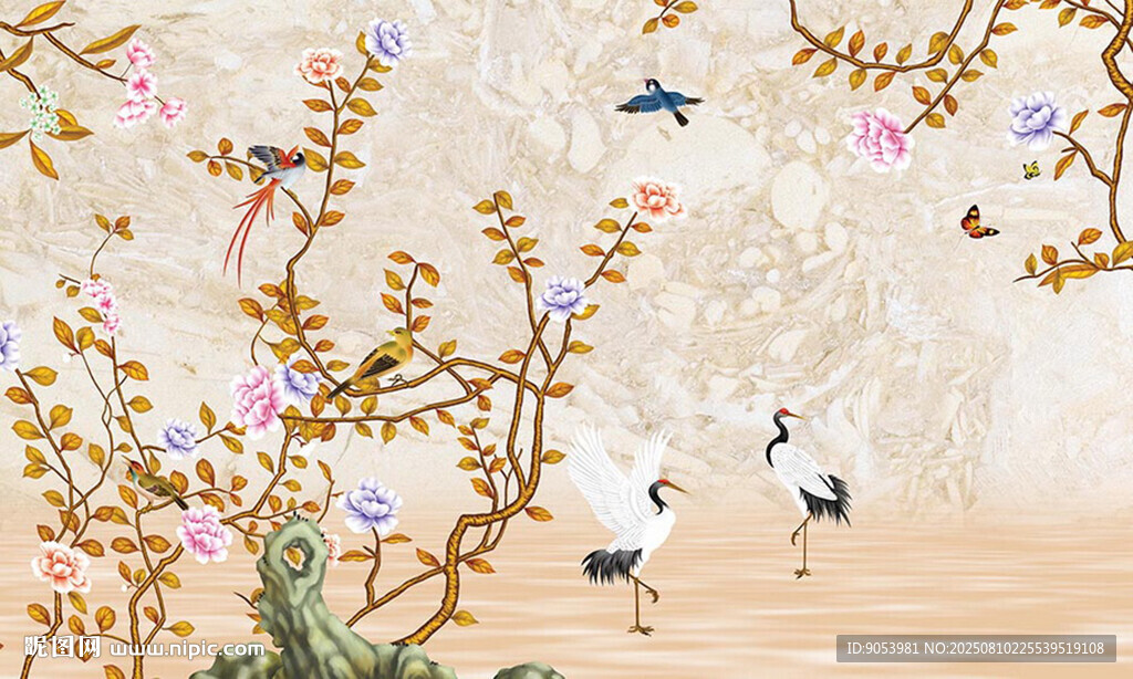 新中式花鳥背景墻