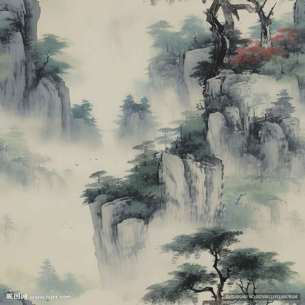 水墨山水間的奇峰勁松