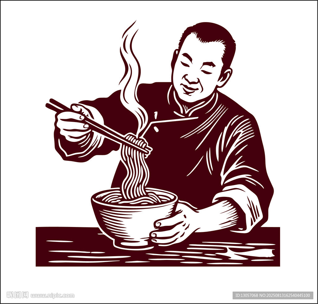 男子愜意享用一碗熱氣面條