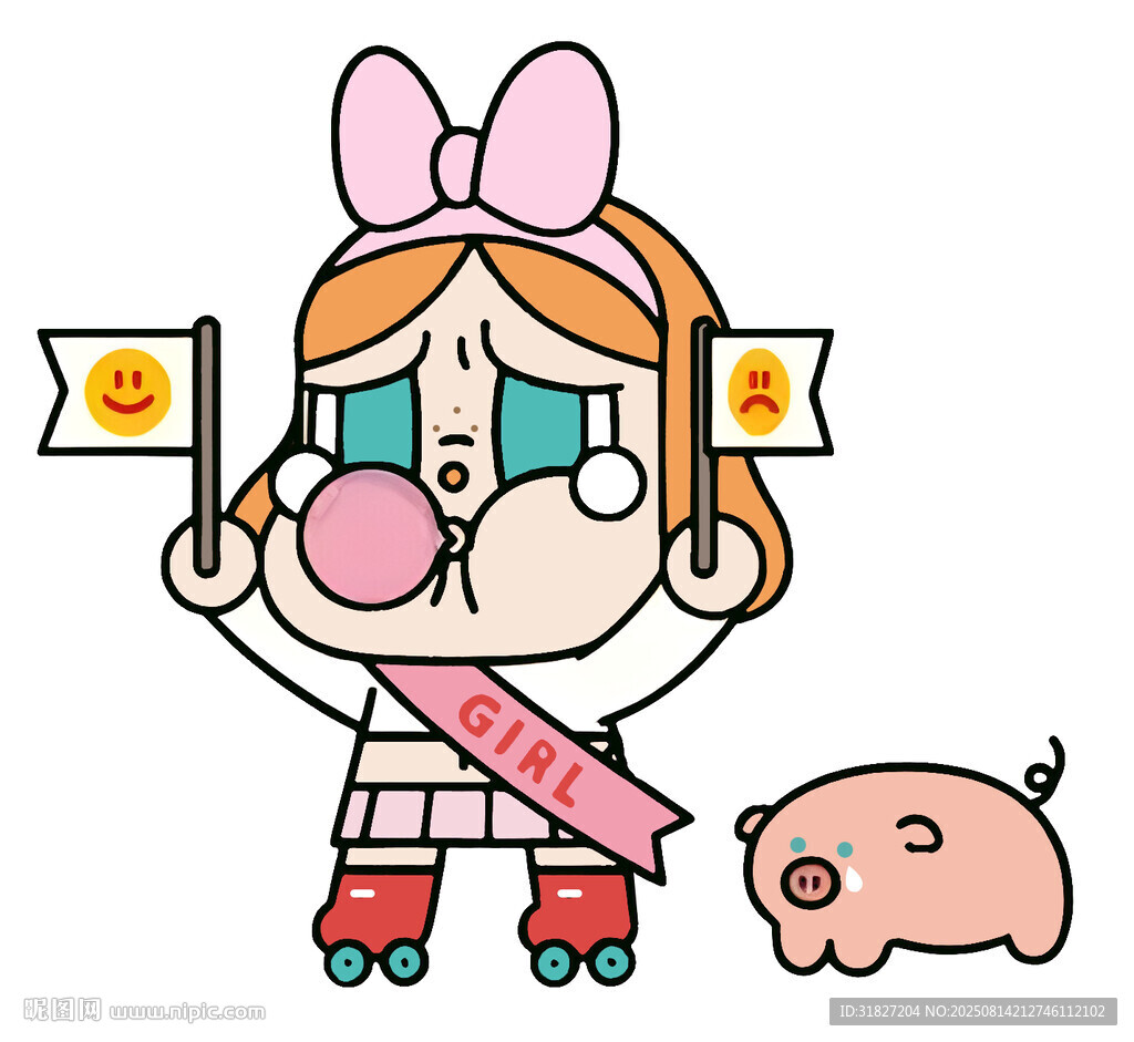 可愛兔耳女孩與小豬形象