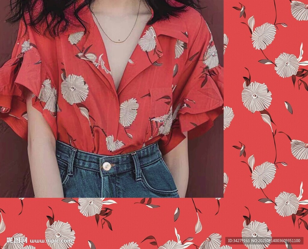 紅色底花卉