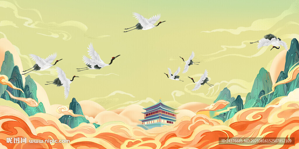 國(guó)風(fēng)山水仙鶴