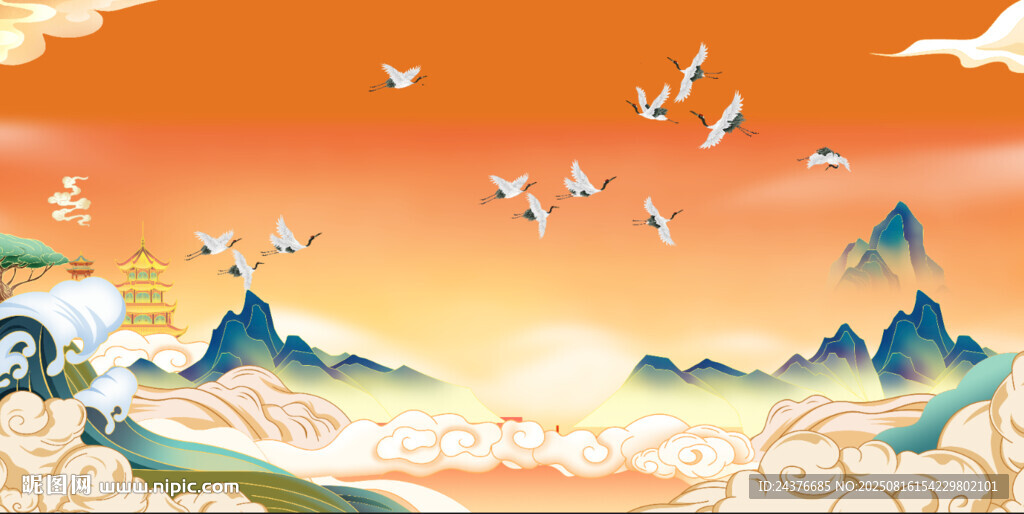 國風(fēng)山水仙鶴