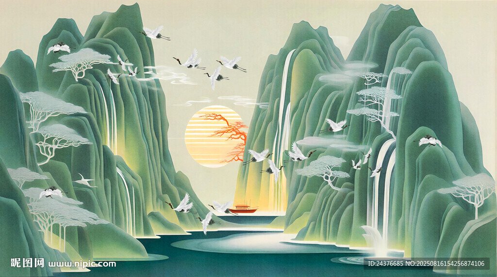 國風(fēng)山水仙鶴