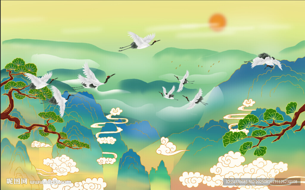 國風(fēng)山水仙鶴
