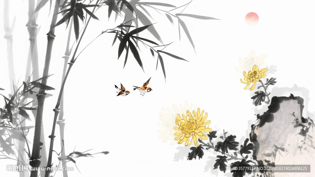 國畫水墨竹石圖