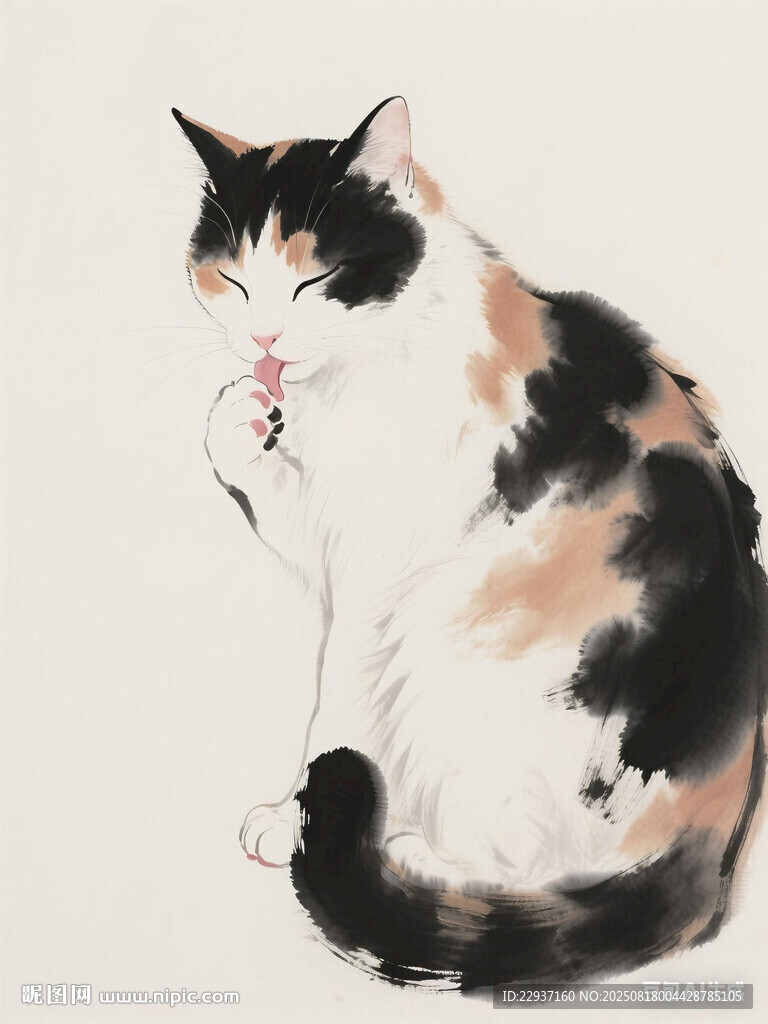三色貓咪靜坐圖