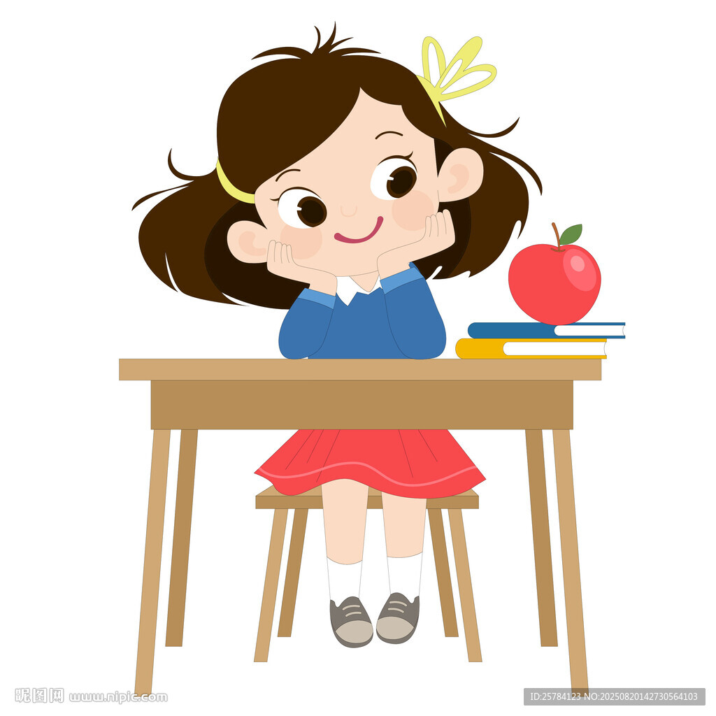 坐在課桌前托腮聽課的女孩插畫