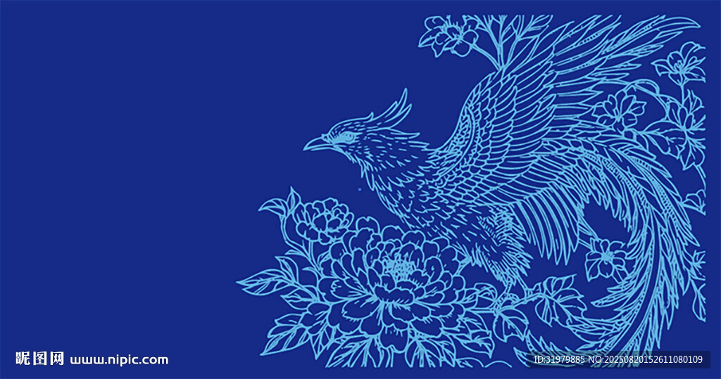 藍(lán)色鳳凰牡丹刺繡圖案設(shè)計(jì)