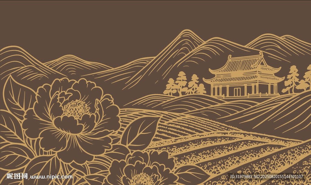中式山水牡丹茶園茶山古風(fēng)圖案