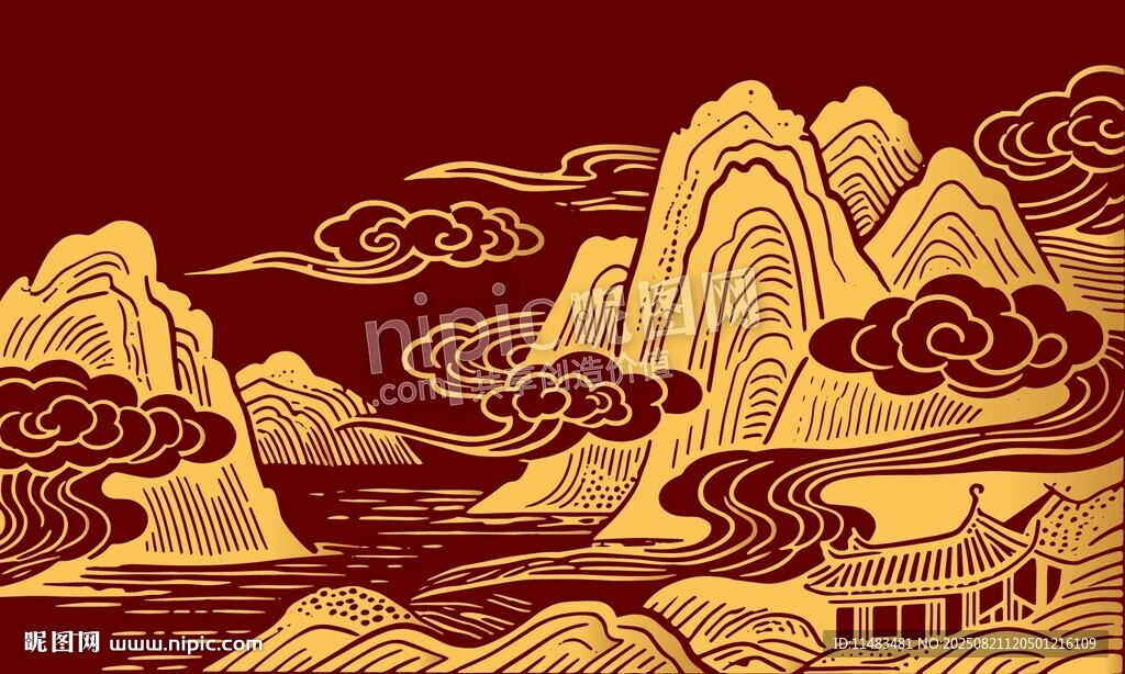 中式山水金紋祥云圖案