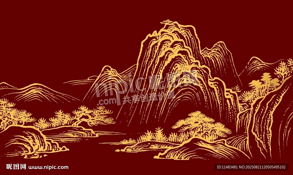 中式線描山水裝飾畫