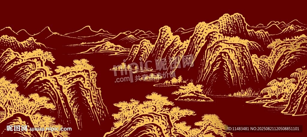 金色山巒景觀裝飾畫