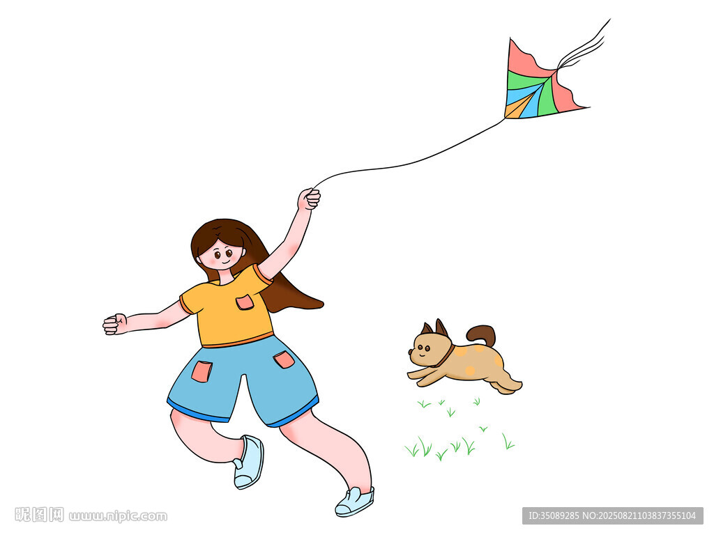 女孩牽狗快樂放風(fēng)箏