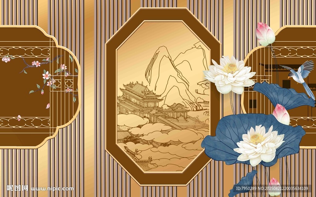 中式古典荷花裝飾圖案