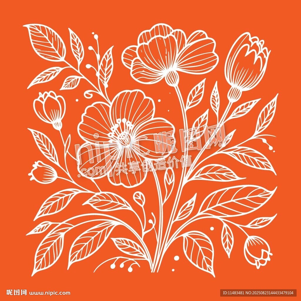 橙色花卉花紋插畫