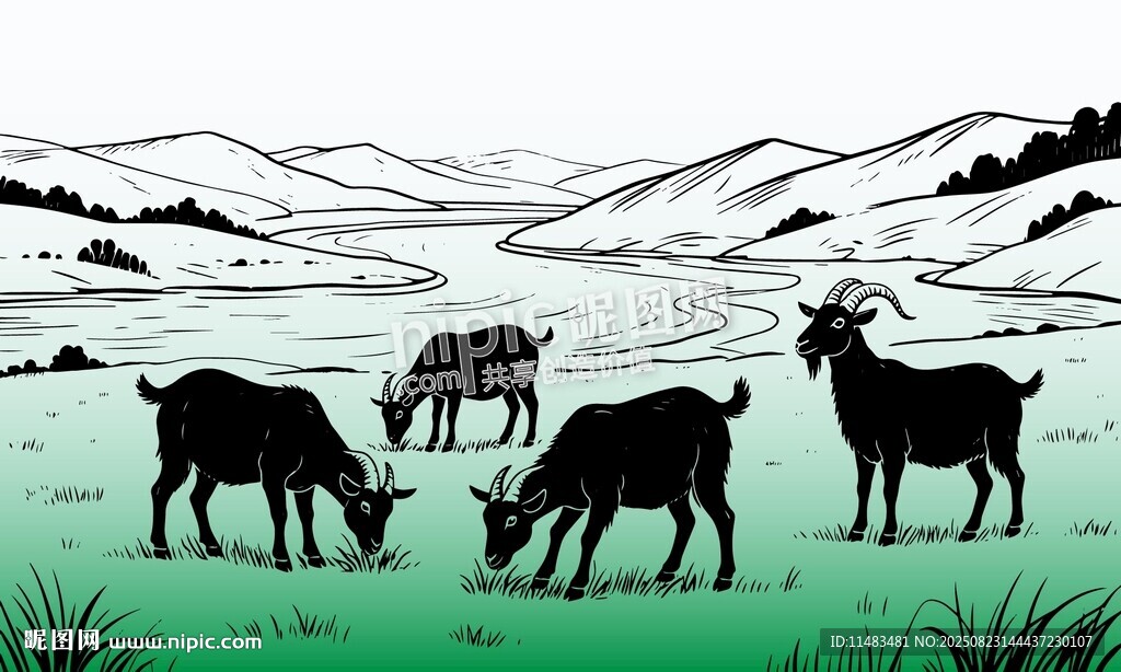 手繪山羊黑羊草地牧場