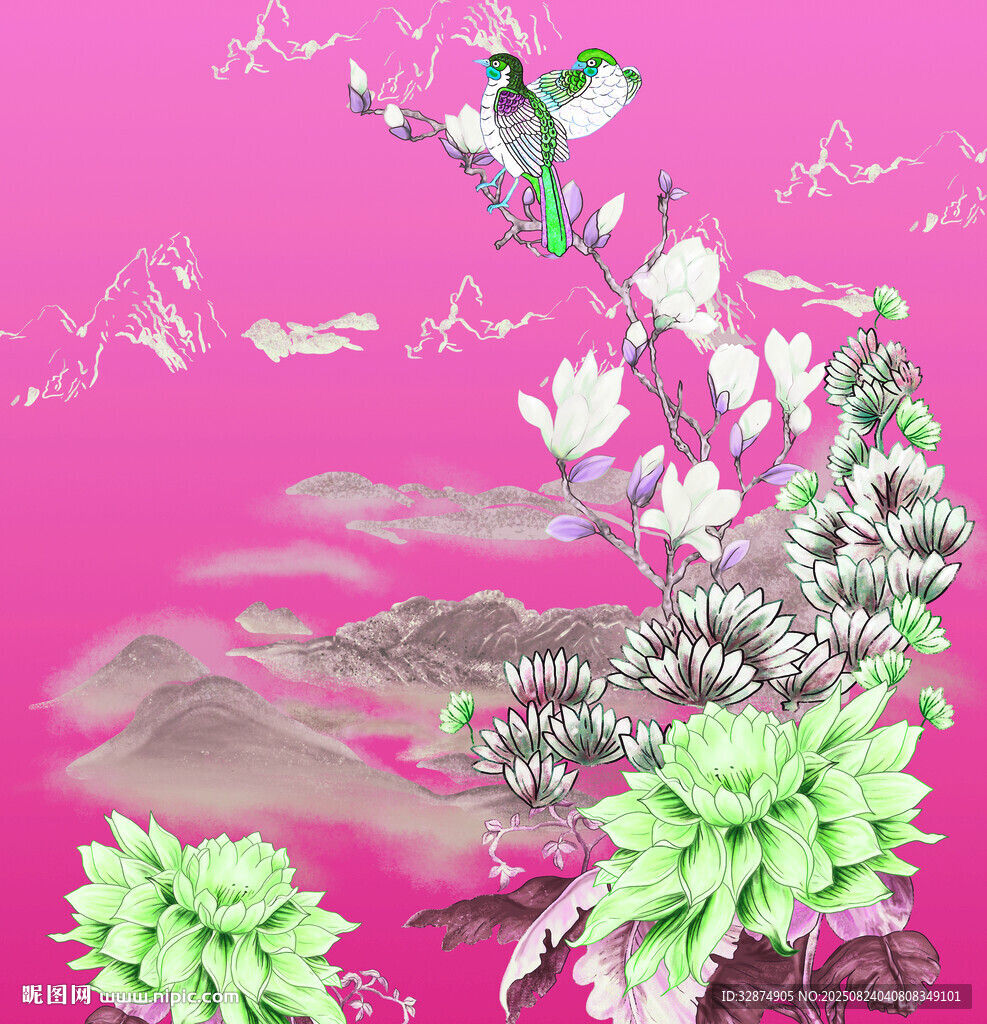 夢(mèng)幻粉色花卉飛鳥景觀圖