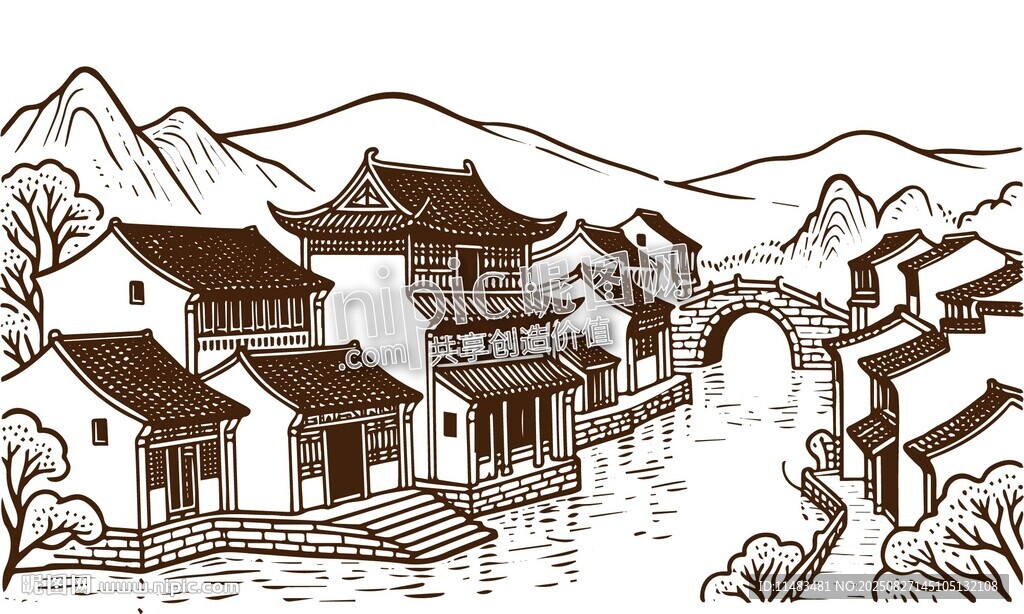 山水畫(huà)江南水鄉(xiāng)古建筑