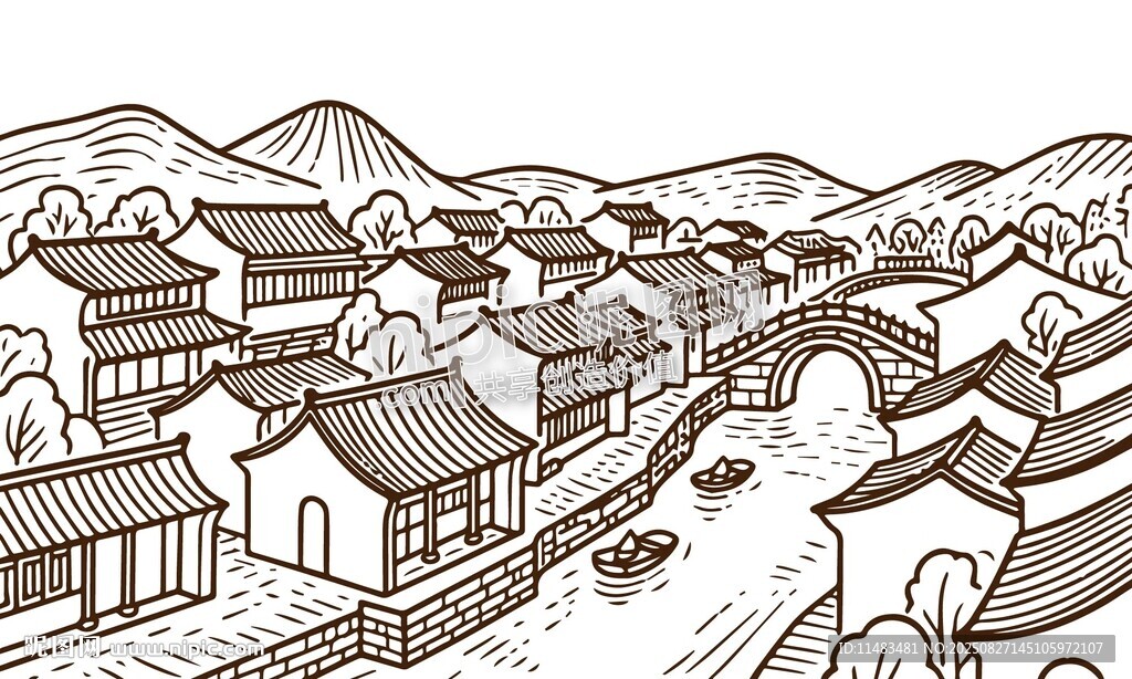中式建筑手繪古建筑
