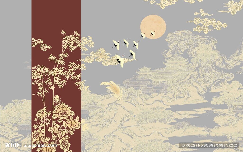 中式古風月夜花卉圖景