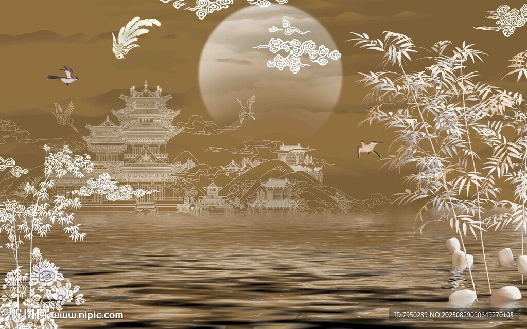 古風(fēng)月夜山水詩意圖景