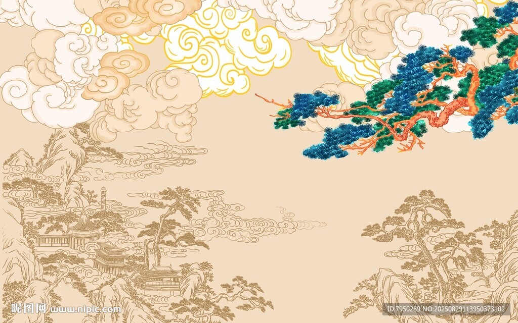 中式山水花鳥古風插畫