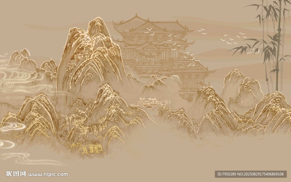 金色山水國(guó)畫(huà)背景圖