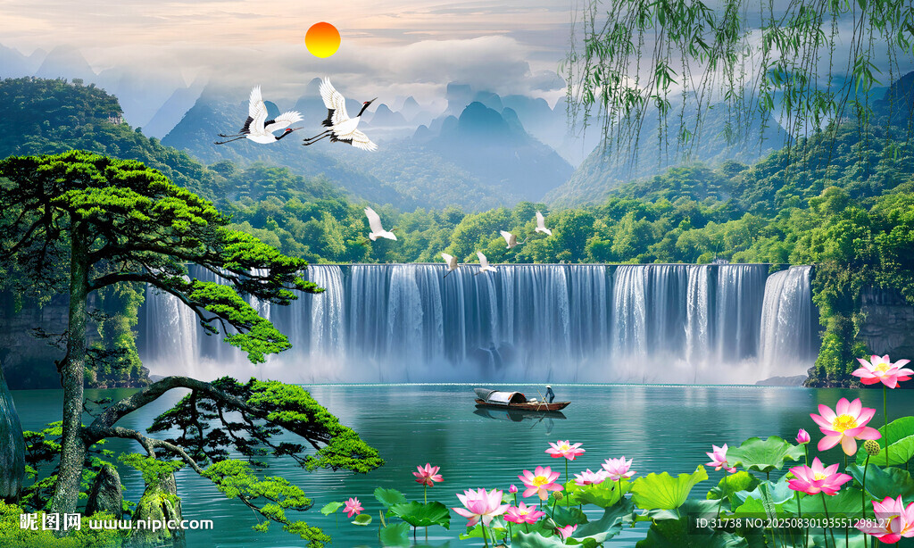 流水生財(cái)迎客松山水畫