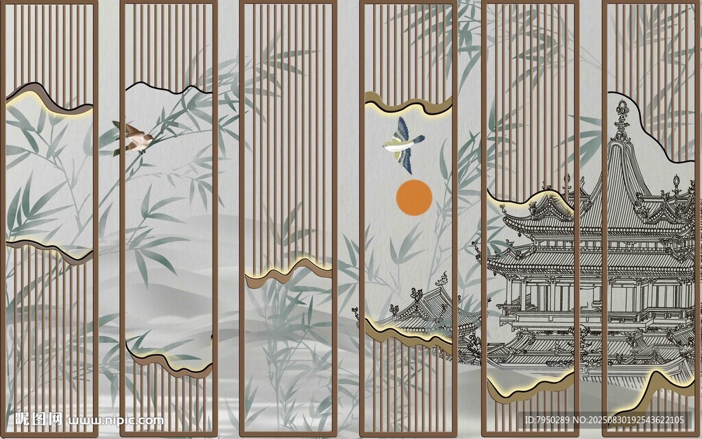 中式古風(fēng)山水屏風(fēng)畫