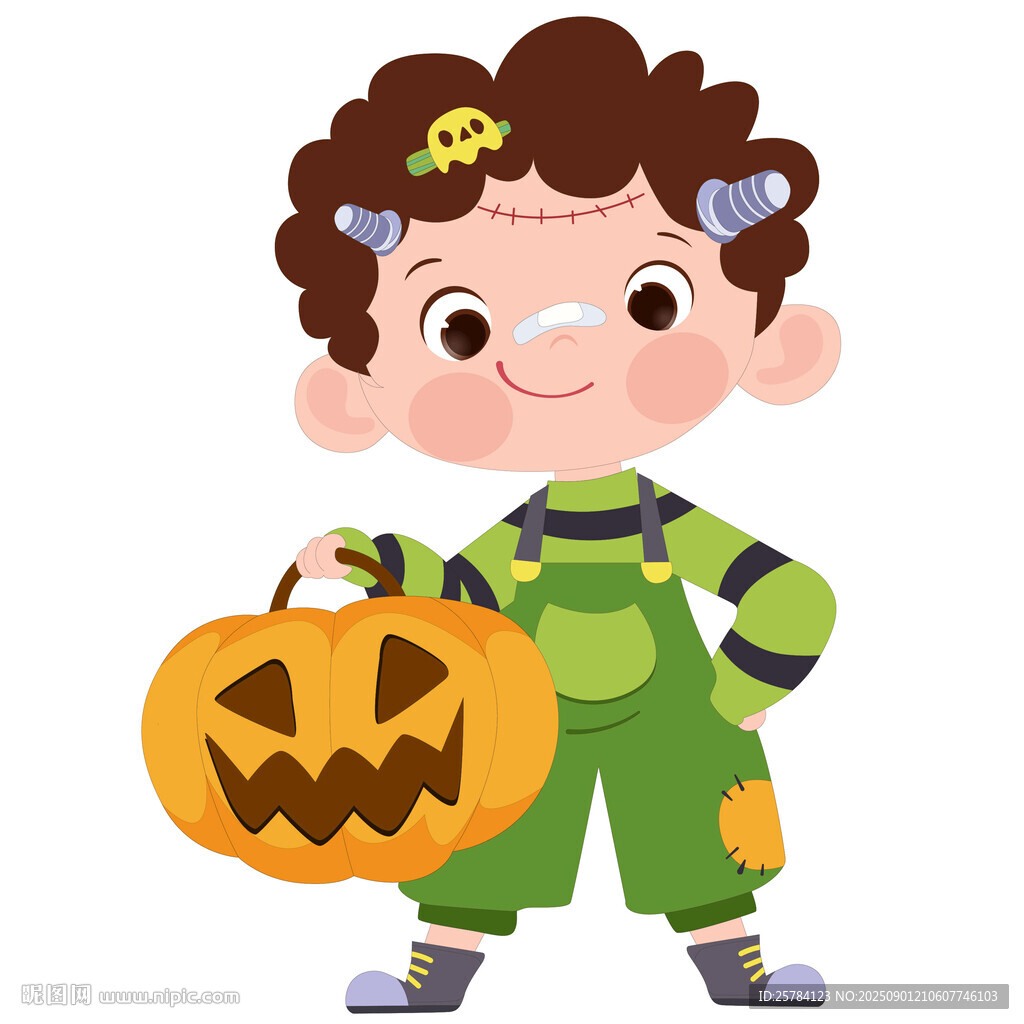  萬圣節(jié)拿南瓜燈科學(xué)怪人男孩