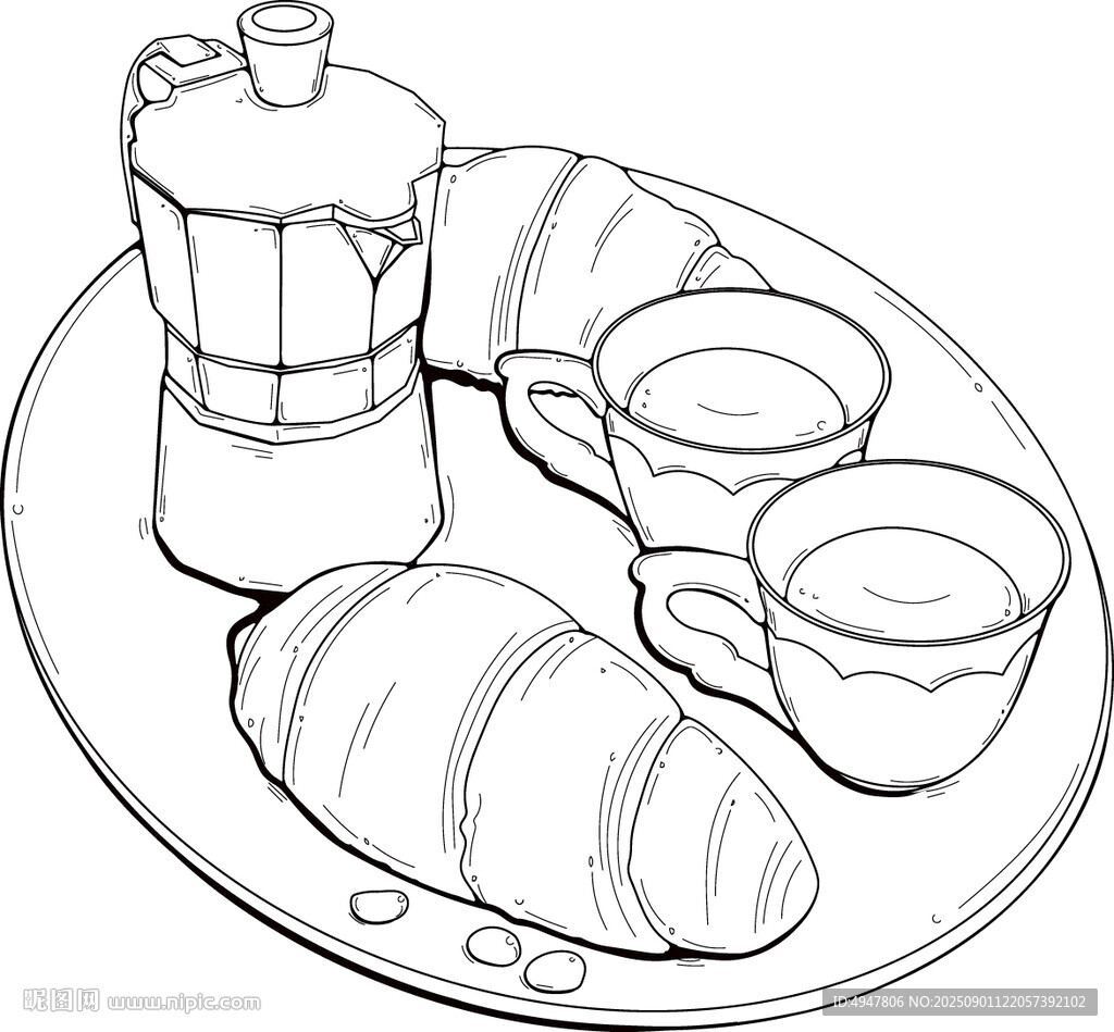 早餐簡(jiǎn)筆畫 咖啡與面包 矢量圖