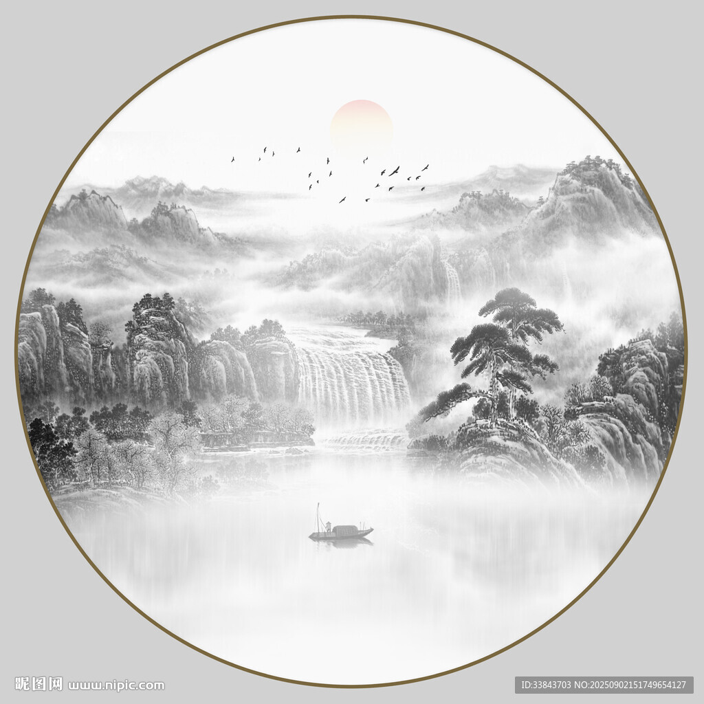 圓形意境水墨山水畫