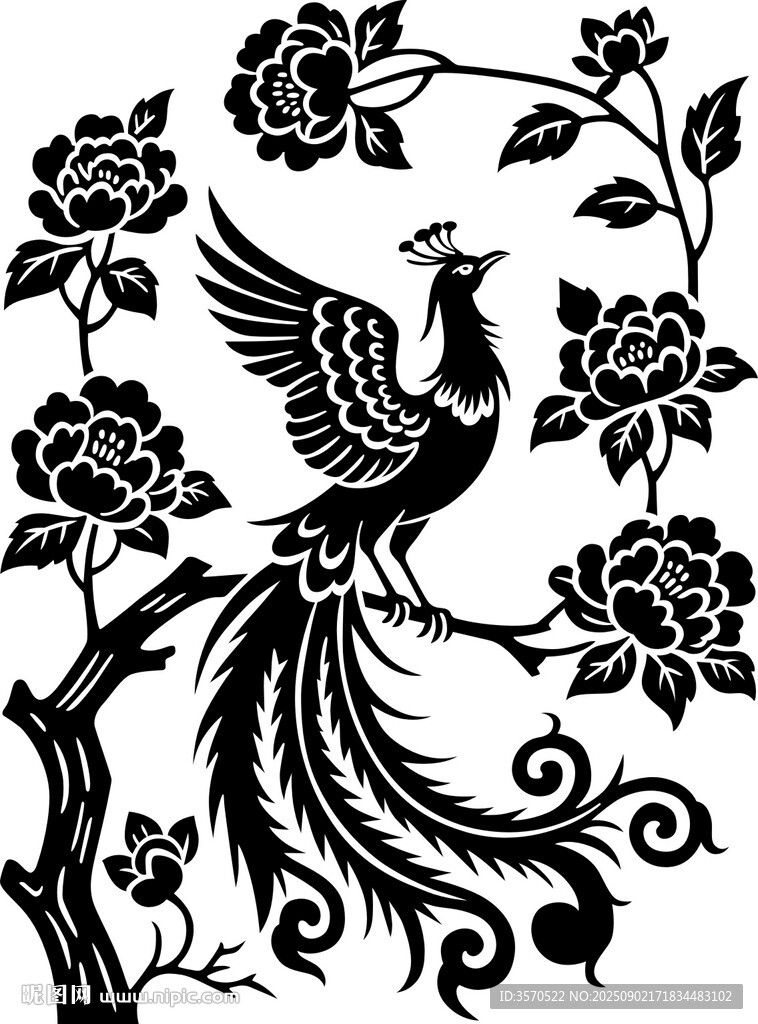 鳳凰牡丹黑白花紋圖案