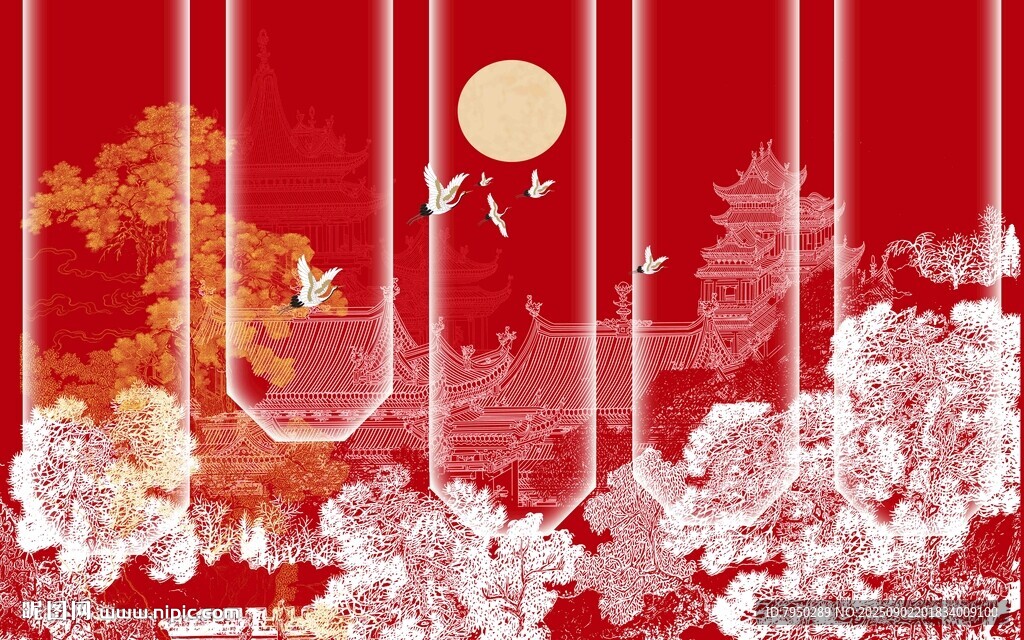中式紅底花卉月亮裝飾圖