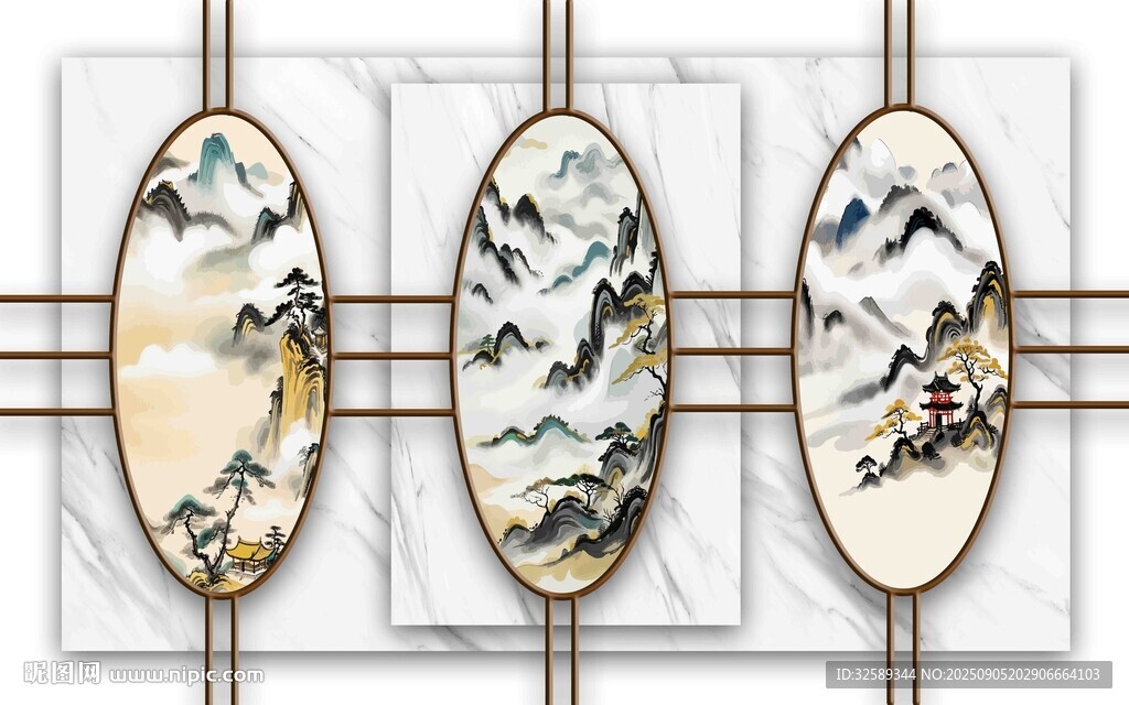 中式山水裝飾畫三聯(lián)屏
